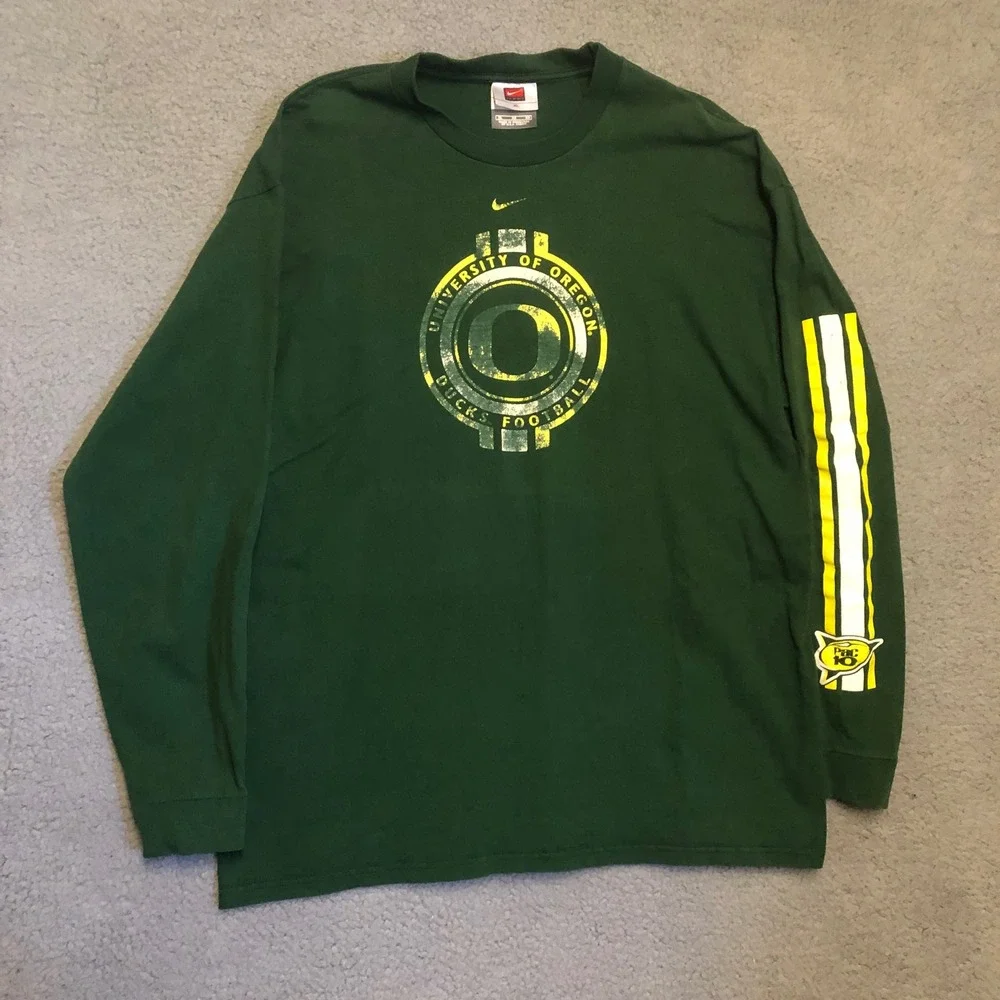 Vtg Nike Oregon Ducks Center Swoosh Check Football Long Sleeve‎ Green XL NCAA